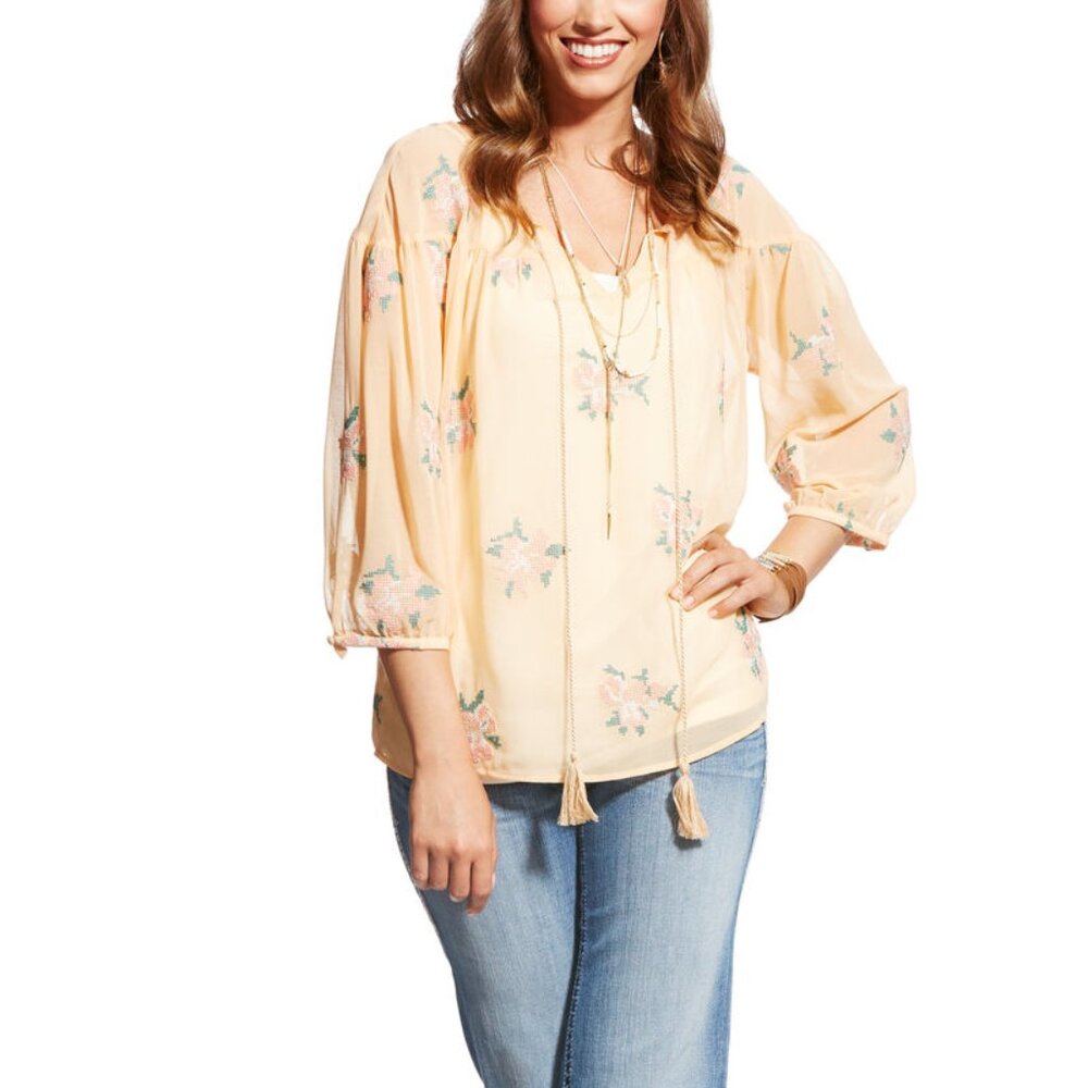 ARIAT Roxanne Floral Embroidered Blouse Boho Sheer Split Neck Tassels